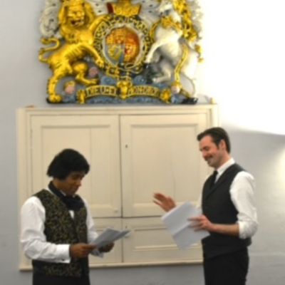 Nev Connor as Douglass and Aidan Casey as Exeter abolitionist Francis Bishop at the Roadshow event with ArtsShare Exeter at Exeter Customs House. 